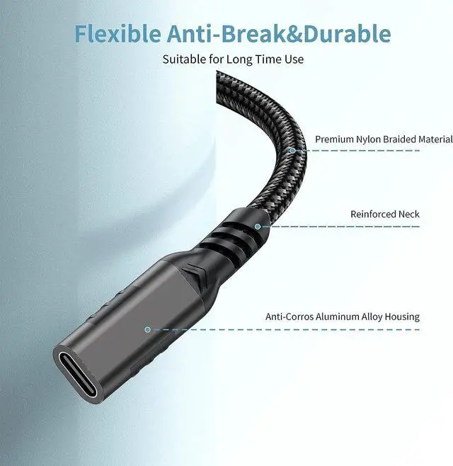 Alt view image 7 of 7 - USB C Extension Cable 6.6ft/2M,Nylon Braided USB Type C Extender Cord Male to Female, USB C 3.2 Gen2 100W Fast Charging 4K @60Hz 10Gbps Data Transfer Compatibility for M-a-c-Book Laptop Mobile Phone