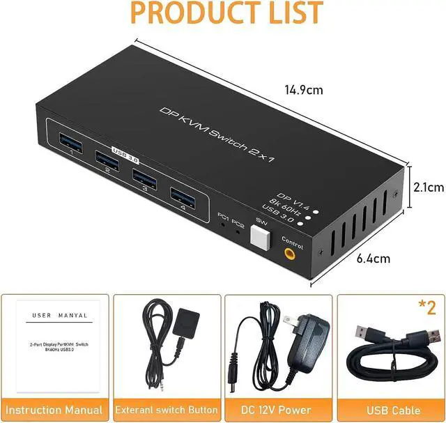 Alt view image 7 of 7 - KVM Switch Display Port, 8K @60Hz 2 Port DisplayPort KVM Switch with 4 USB 3.0 Port, 2 Computers Share 1 Monitors DP 1.4 PC Keyboard Mouse Switcher with USB Cable, Desktop Controller and Power Adapter