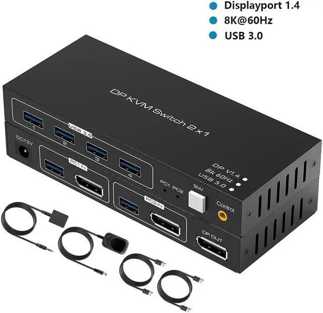 Main image of KVM Switch Display Port, 8K @60Hz 2 Port DisplayPort KVM Switch with 4 USB 3.0 Port, 2 Computers Share 1 Monitors DP 1.4 PC Keyboard Mouse Switcher with USB Cable, Desktop Controller and Power Adapter