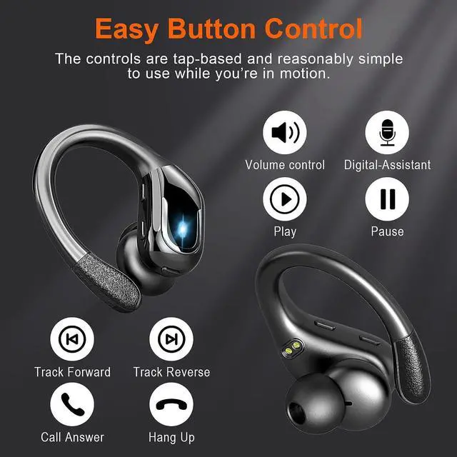Alt view image 4 of 7 - True Wireless Earbud, Bluetooth 5.3 Headphones Pure Bass Sound with Earhooks, 60H Battery Over Ear Headphones with Dual-LED Display, IP7 Waterproof Earphones Built-in Microphone for Running Sports