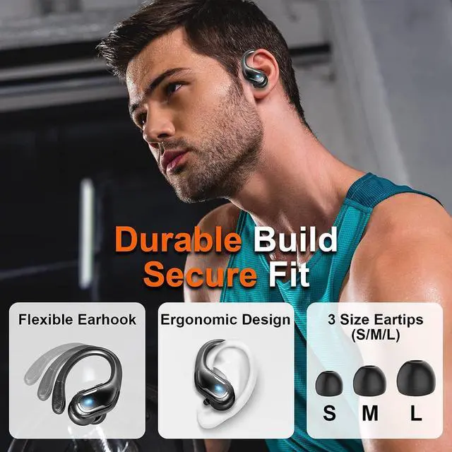 Alt view image 6 of 7 - True Wireless Earbud, Bluetooth 5.3 Headphones Pure Bass Sound with Earhooks, 60H Battery Over Ear Headphones with Dual-LED Display, IP7 Waterproof Earphones Built-in Microphone for Running Sports