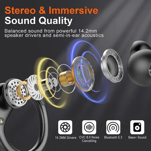 Alt view image 3 of 7 - True Wireless Earbud, Bluetooth 5.3 Headphones Pure Bass Sound with Earhooks, 60H Battery Over Ear Headphones with Dual-LED Display, IP7 Waterproof Earphones Built-in Microphone for Running Sports