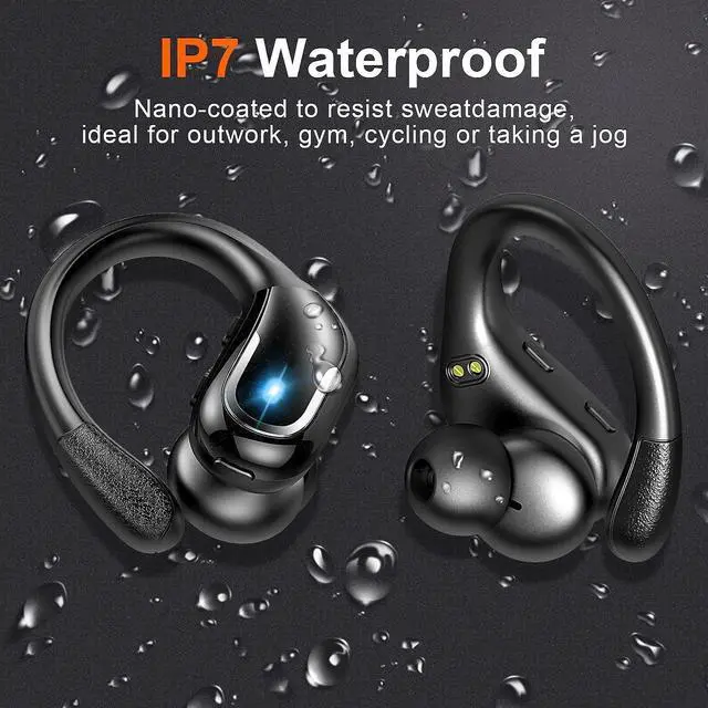 Alt view image 7 of 7 - True Wireless Earbud, Bluetooth 5.3 Headphones Pure Bass Sound with Earhooks, 60H Battery Over Ear Headphones with Dual-LED Display, IP7 Waterproof Earphones Built-in Microphone for Running Sports