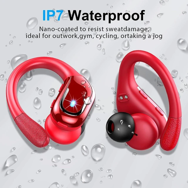 Alt view image 6 of 7 - True Wireless Earbud, Bluetooth 5.3 Headphones Pure Bass Sound with Earhooks, 60H Battery Over Ear Headphones with Dual-LED Display, IP7 Waterproof Earphones Built-in Microphone for Running Sports Red