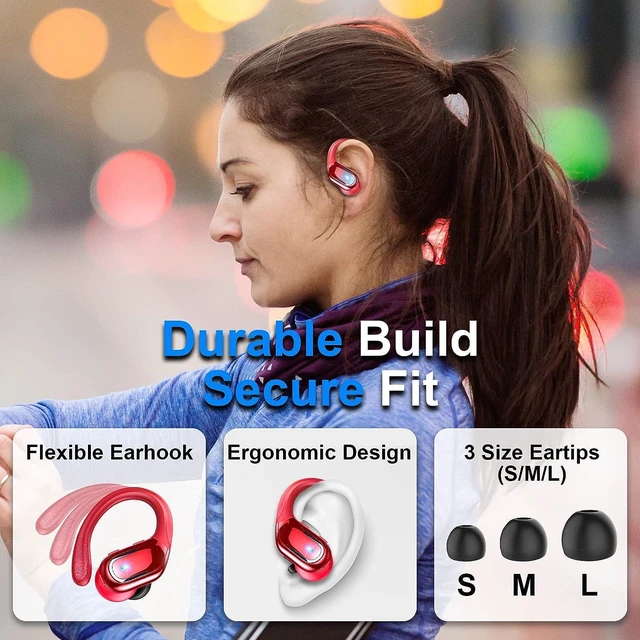 Alt view image 5 of 7 - True Wireless Earbud, Bluetooth 5.3 Headphones Pure Bass Sound with Earhooks, 60H Battery Over Ear Headphones with Dual-LED Display, IP7 Waterproof Earphones Built-in Microphone for Running Sports Red