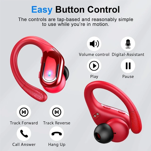 Alt view image 4 of 7 - True Wireless Earbud, Bluetooth 5.3 Headphones Pure Bass Sound with Earhooks, 60H Battery Over Ear Headphones with Dual-LED Display, IP7 Waterproof Earphones Built-in Microphone for Running Sports Red