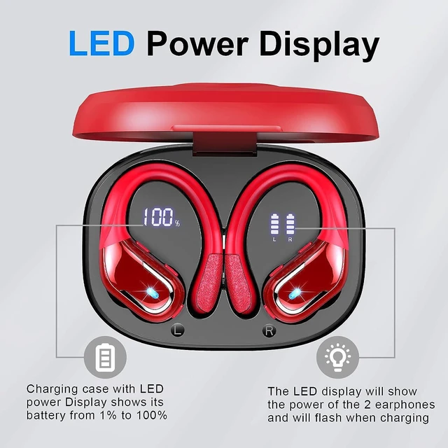 Alt view image 7 of 7 - True Wireless Earbud, Bluetooth 5.3 Headphones Pure Bass Sound with Earhooks, 60H Battery Over Ear Headphones with Dual-LED Display, IP7 Waterproof Earphones Built-in Microphone for Running Sports Red