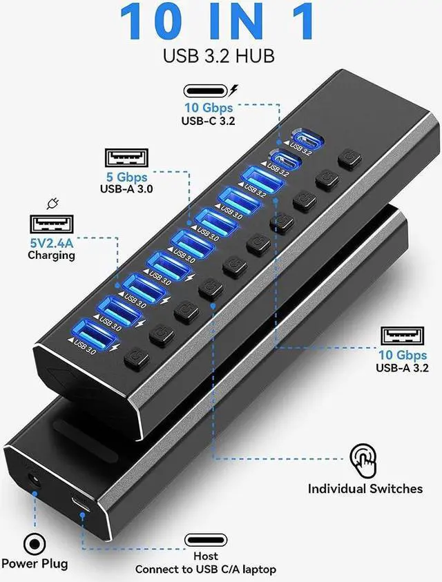 Alt view image 2 of 7 - Powered USB Hub 3.2, 10-Port USB 3.2/USB C Hub (10Gbps USB-A 3.2 + 2x USB-C 3.2 + 7x USB 3.0 Ports) with Individual On/Off Switches and 12V Power Adapter, Aluminum USB Hub Powered for Laptop PC