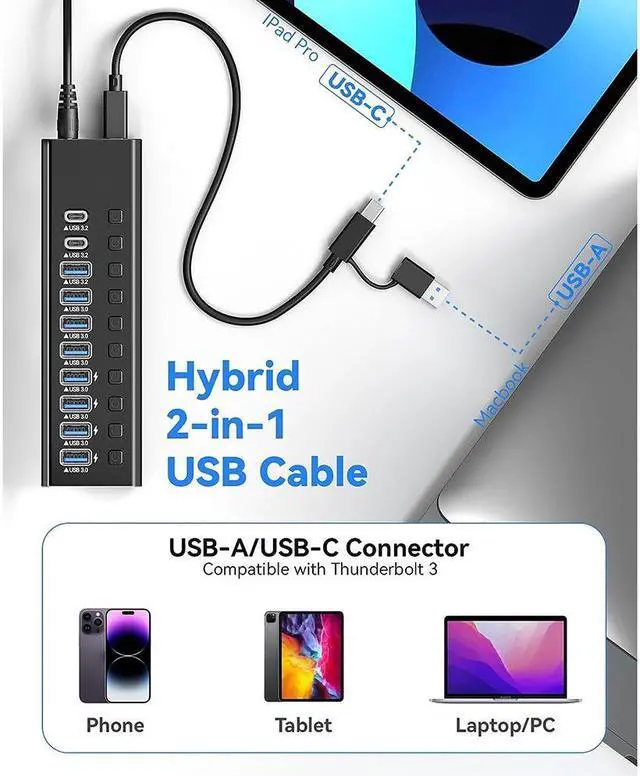 Alt view image 6 of 7 - Powered USB Hub 3.2, 10-Port USB 3.2/USB C Hub (10Gbps USB-A 3.2 + 2x USB-C 3.2 + 7x USB 3.0 Ports) with Individual On/Off Switches and 12V Power Adapter, Aluminum USB Hub Powered for Laptop PC