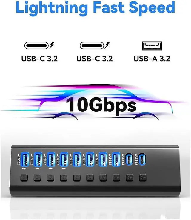 Alt view image 3 of 7 - Powered USB Hub 3.2, 10-Port USB 3.2/USB C Hub (10Gbps USB-A 3.2 + 2x USB-C 3.2 + 7x USB 3.0 Ports) with Individual On/Off Switches and 12V Power Adapter, Aluminum USB Hub Powered for Laptop PC