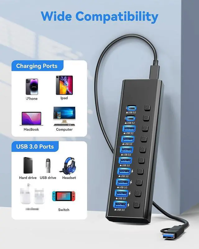 Alt view image 7 of 7 - Powered USB Hub 3.2, 10-Port USB 3.2/USB C Hub (10Gbps USB-A 3.2 + 2x USB-C 3.2 + 7x USB 3.0 Ports) with Individual On/Off Switches and 12V Power Adapter, Aluminum USB Hub Powered for Laptop PC