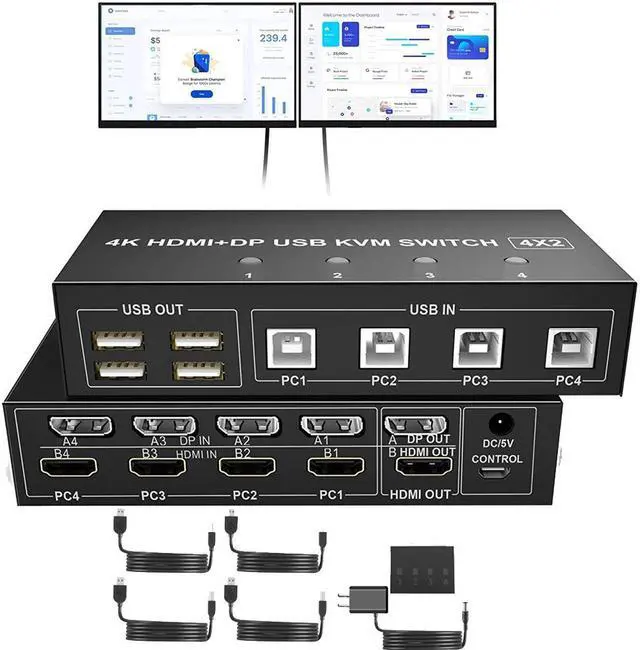 Main image of 4 Port HDMI + Displayport KVM Switch 4x2, Dual Monitor DP+HDMI @60Hz Extended Display USB KVM Switch 4 in 2 out with 4 USB 2.0 Hub for 4 PC Share Keyboard Mouse Monitor with 4 USB Cables