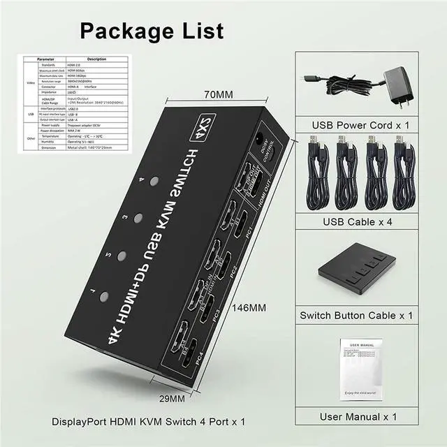 Alt view image 7 of 7 - 4 Port HDMI + Displayport KVM Switch 4x2, Dual Monitor DP+HDMI @60Hz Extended Display USB KVM Switch 4 in 2 out with 4 USB 2.0 Hub for 4 PC Share Keyboard Mouse Monitor with 4 USB Cables
