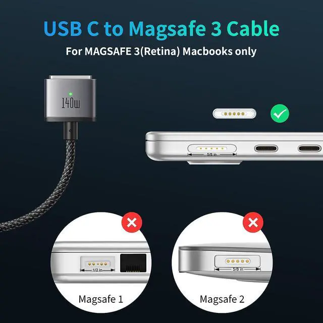 Alt view image 4 of 7 - 140W USB-C to Magnetic 3 Cable, Compatible with M-a-c-B-o-o-k Pro 2021 M1 Pro & Max Chip 14" 16", M-a-c-B-o-o-k Air 2022 M2, Pro 2023 M2 Pro & Max Chip 14" 16", Safe 3 Cable for M-a-c-B-o-o-k - 6.6ft