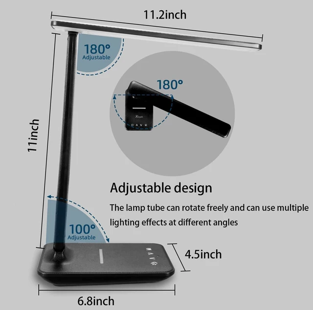 Alt view image 7 of 7 - LED Desk lamp, LED Lamp with Wireless Charger, USB Charger Port, Touch Control, 3 Color Modes, 5 Brightness Levels, Eye-Protecting Table Lamp, Led Desk Lights for Bedroom, Home, Office, Black