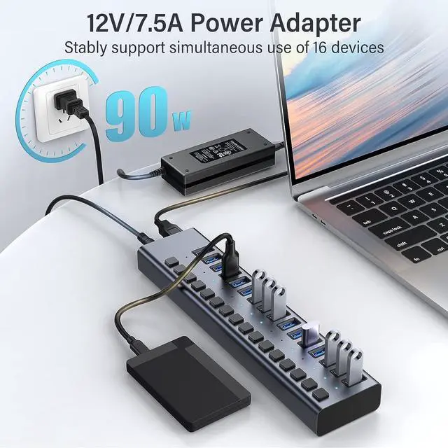 Alt view image 3 of 7 - Powered USB Hub 3.0,16 Ports Powered USB 3.0 Data Hub, Individual On/Off Switches, 12V7.5A 90W Power Adapter, USB Hub 3.0 Splitter Extension for MacBook, Mac Pro/Mini, i-Mac, Surface Pro Laptop/PC