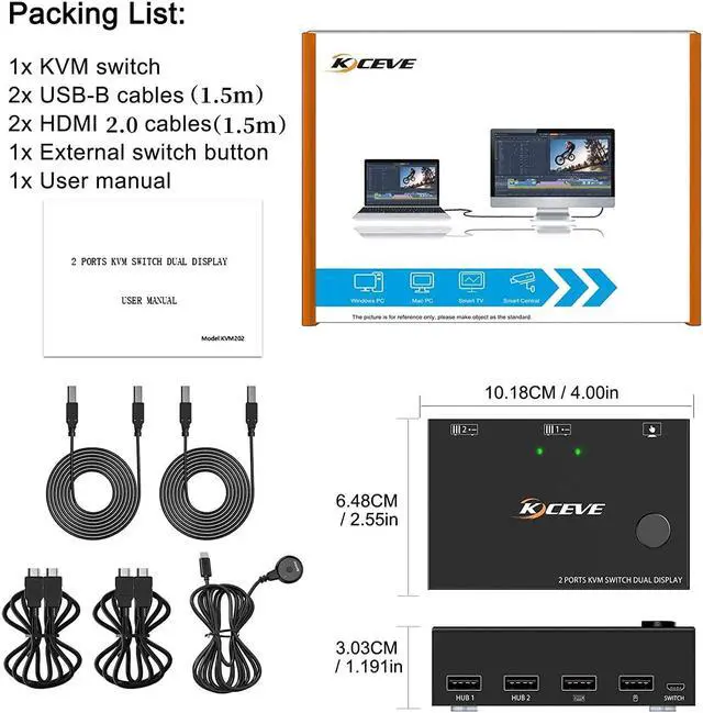 Alt view image 7 of 7 - 4K @30Hz Dual Monitor HDMI KVM Switch 2 in 2 Out, 2 Port HDMI USB KVM Switch for 2 Computers Share 2 Monitors and 4 USB 2.0 Hub, Desktop Controller and HDMI USB Cable Included