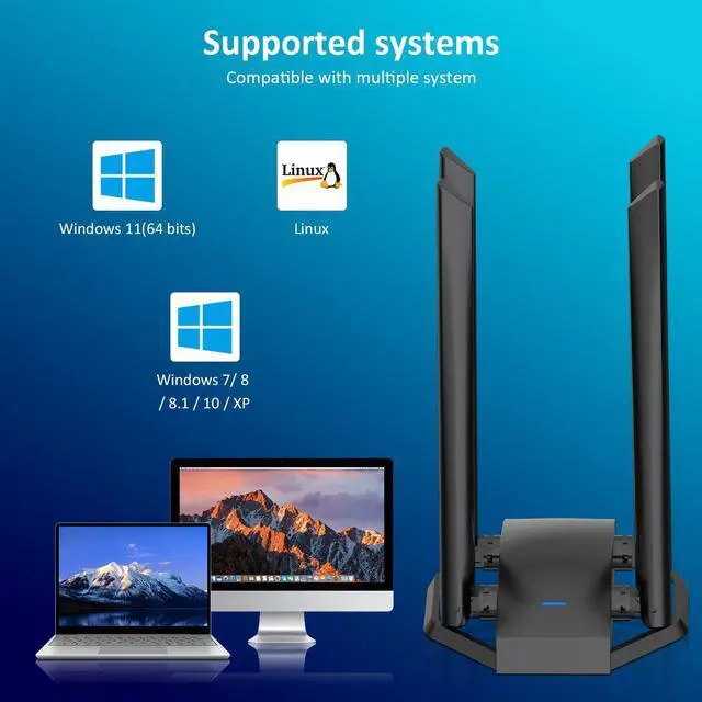Alt view image 7 of 7 - USB WiFi Adapter for Desktop PC, AC1300Mbps USB Wireless Adapter Dual Band 2.4GHz 400Mbps + 5.8GHz 867Mbps, 4x 6dBi High Gain Antennas, USB 3.0 WiFi Dongle for Windows 7/8/8.1/10/11, XP, Linux
