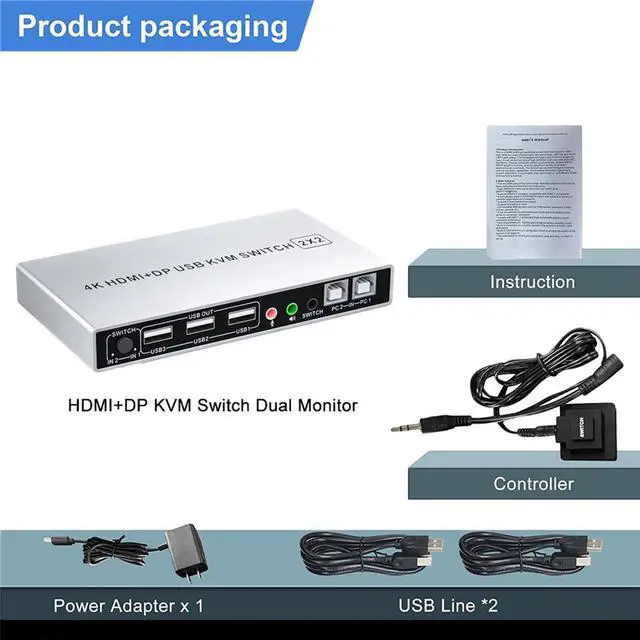 Alt view image 7 of 7 - Dual Monitor HDMI + DisplayPort KVM Switch 2 in 2 Out, Supports EDID, 4K @60Hz Extended Display HDMI Display Port KVM Switch for 2 Monitors 2 Computers with Audio Microphone Output and 3 USB Ports