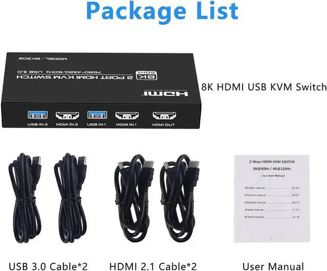 Alt view image 7 of 7 - 2 Port HDMI KVM Switch 8K 60Hz, 2 in 1 Out HDMI KVM Switch for 2 Computer Share 1 HD Monitor and 3 USB 3.0 Devices, Support HDR, 3D Vision,,HDCP2.2, Including 2 HMDI 2.1 Cables & 2 USB 3.0 Cables