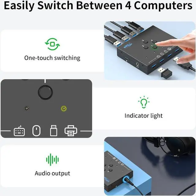 Alt view image 5 of 7 - 4 in 4 Out USB 3.0 Switch, USB 3.0 Switch for 4 Computers Sharing 4 USB Peripheral Devices Switcher Hub for PC Laptop Mouse Keyboard Scanner Printer with One Button Swapping and 3.5mm Audio Output