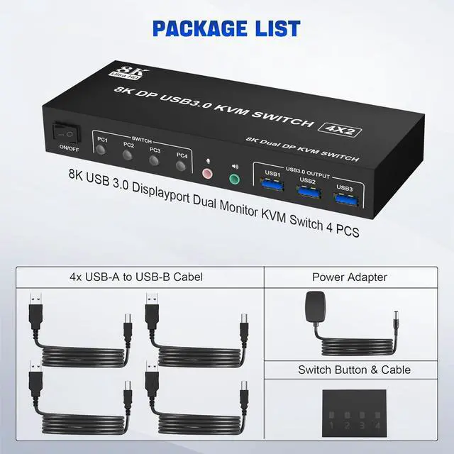 Alt view image 7 of 7 - 8K@60Hz USB 3.0 Displayport KVM Switch 2 Monitors 4 Computers, Dual Monitor KVM Switch 4 in 2 Out with Audio Output and 3 USB 3.0 Ports, 4 Port Dual Monitor Displayport KVM Switch for 4 Computers