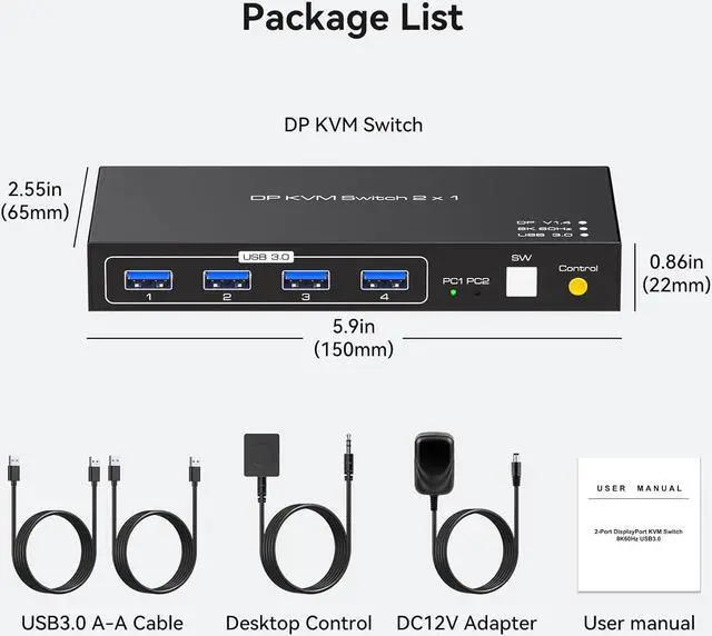Alt view image 7 of 7 - Displayport KVM Switch 2 PC 1 Monitor USB 3.0DP KVM Switcher 2 Port Two Computers to Share 4 USB Peripherals Support 8k 60hz 4k 120hz DP 1.4 Switches Includes Desktop Controller And Power Adapter