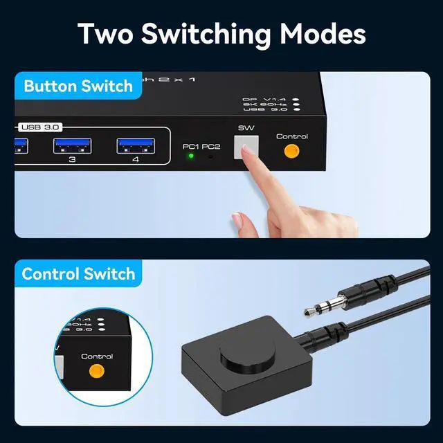 Alt view image 5 of 7 - Displayport KVM Switch 2 PC 1 Monitor USB 3.0DP KVM Switcher 2 Port Two Computers to Share 4 USB Peripherals Support 8k 60hz 4k 120hz DP 1.4 Switches Includes Desktop Controller And Power Adapter