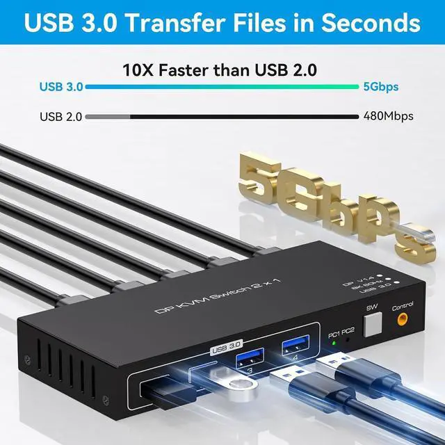 Alt view image 4 of 7 - Displayport KVM Switch 2 PC 1 Monitor USB 3.0DP KVM Switcher 2 Port Two Computers to Share 4 USB Peripherals Support 8k 60hz 4k 120hz DP 1.4 Switches Includes Desktop Controller And Power Adapter