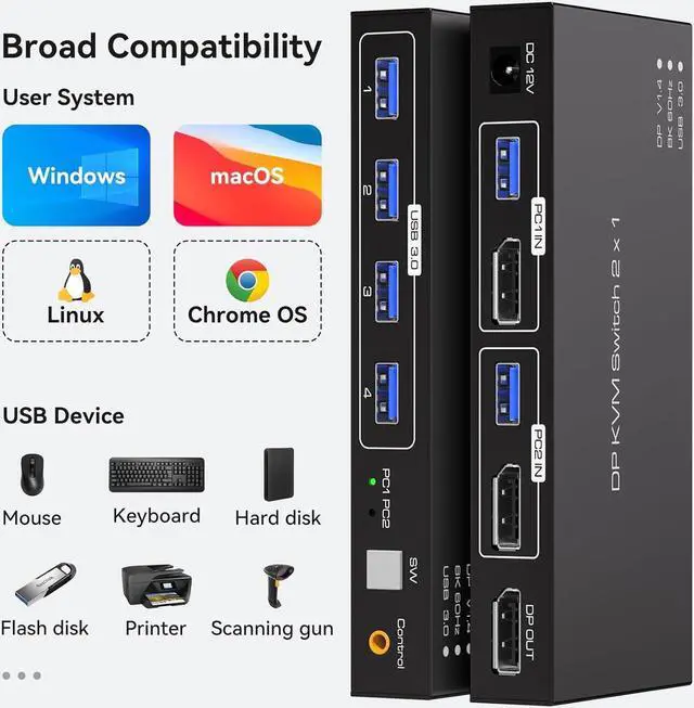 Alt view image 6 of 7 - Displayport KVM Switch 2 PC 1 Monitor USB 3.0DP KVM Switcher 2 Port Two Computers to Share 4 USB Peripherals Support 8k 60hz 4k 120hz DP 1.4 Switches Includes Desktop Controller And Power Adapter