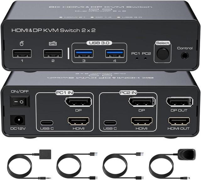 Dual Port HDMI 2.1 KVM Switch 4K 120Hz 8K USB 3.0 KVM Switcher Keyboard  Sharing