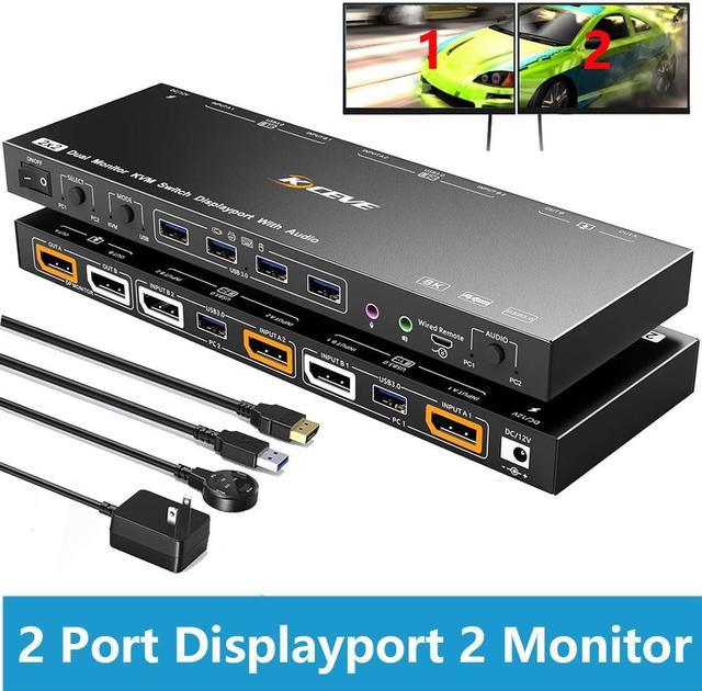 Dual Monitor Displayport KVM Switch for 2 Computers 2 Monitors 4K@144Hz,  Voice Control USB 3.0 Displayport KVM Switch 2 in 2 Out, with Audio Output,  USB 3.0 Switch Modes for 2 PC Share Keyboard Mouse 