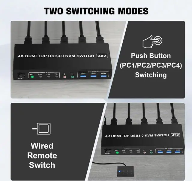 Alt view image 7 of 7 - USB 3.0 Displayport+HDMI Dual Monitor KVM Switch for 4 PCs, 4K 60Hz KVM Switch 2 Monitors 4 Computers, with Audio Microphone Output and 3 USB 3.0 Ports, HDMI+DP Monitor KVM Switch for 4 PCs 2 Monitors