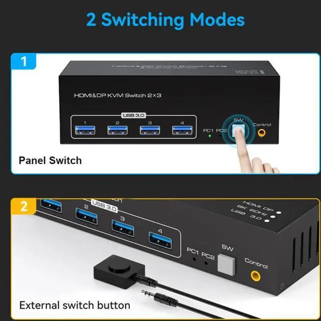 Alt view image 6 of 7 - 8K 2 Displayport + HDMI USB 3.0 KVM Switch 3 Monitors 2 Computers, 8K@60Hz 4K@144Hz 2 Displayport + HDMI Triple Monitor KVM Switch with 4 USB 3.0 Ports, KVM Triple Monitor Keyboard Mouse Switcher