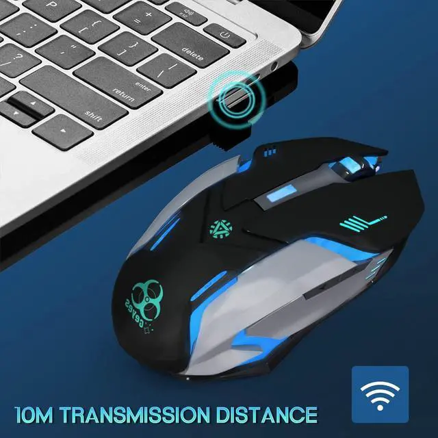Alt view image 5 of 7 - 2.4G RF Wireless Gaming Mouse, Silent Click Wireless Rechargeable Mouse with Colorful LED Lights and 3 Level DPI 400mah Lithium Battery for Laptop and Computer (Black)