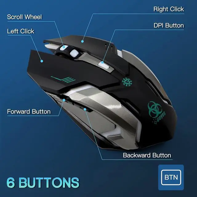 Alt view image 3 of 7 - 2.4G RF Wireless Gaming Mouse, Silent Click Wireless Rechargeable Mouse with Colorful LED Lights and 3 Level DPI 400mah Lithium Battery for Laptop and Computer (Black)