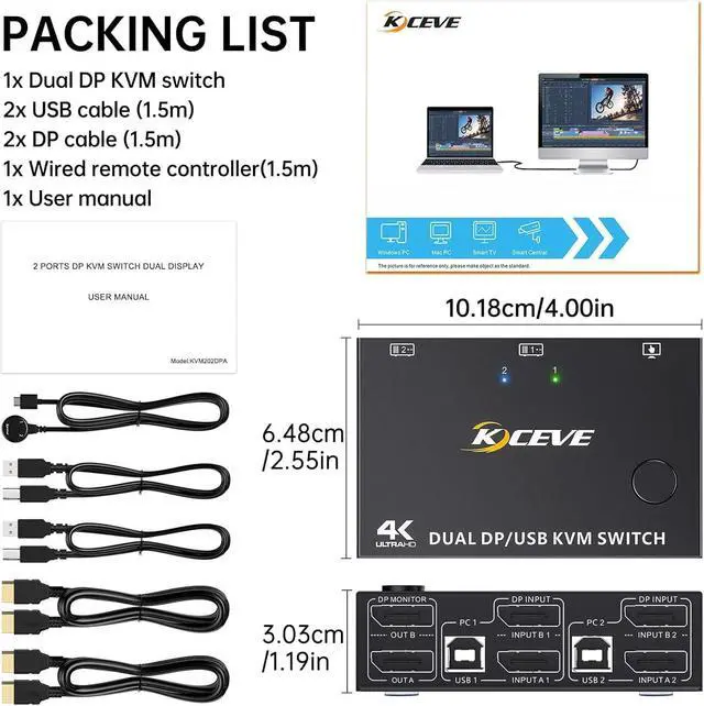 Alt view image 7 of 7 - Dual Monitor Displayport KVM Switch 8K@30Hz 4K@144Hz, DP Extended Display KVM Switch for 2 Computers Share 2 Monitors and 4 USB 2.0 Ports, DP KVM Switch 2 in 2 Out, Wired Remote and 4 Cables Included