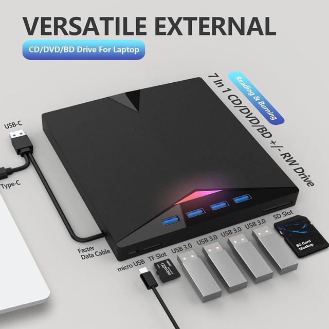 Alt view image 2 of 7 - [7-in-1] External Blu Ray Drive, USB 3.0 Type-C External CD/DVD Drive, 3D Blu Ray CD DVD Drive, DVD/BD Player Read/Write Portable Blu-ray Drive for Laptop Windows PC Mac MacB-ook Desktop