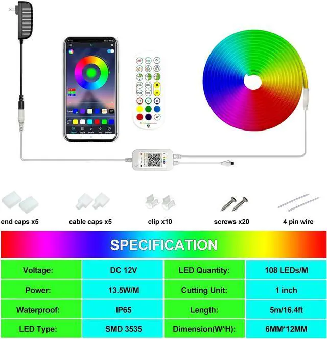 Alt view image 5 of 7 - LED Neon Light Strip,12V Smart Neon LED Strip Light,16.4ft / 5M RGB Neon Strip Light with Remote Control and APP Control, 20 Modes Rope Lights, Living Gaming Room Wall Decor