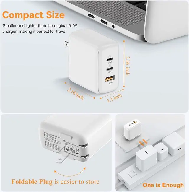 Alt view image 5 of 7 - USB C Charger, 65W 3 Port Foldable USB C Wall Charger, PD 3.0 Fast GaN Charger Block Compatible for Mac-Book,i-Pad,i-Phone 14 13 12 Pro Max, Galaxy S23 S22 S21 S20 Note 20, Steam Deck,Switch
