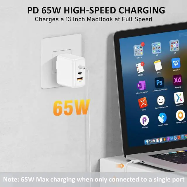 Alt view image 3 of 7 - USB C Charger, 65W 3 Port Foldable USB C Wall Charger, PD 3.0 Fast GaN Charger Block Compatible for Mac-Book,i-Pad,i-Phone 14 13 12 Pro Max, Galaxy S23 S22 S21 S20 Note 20, Steam Deck,Switch