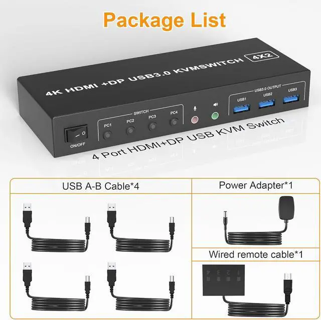 Alt view image 7 of 7 - USB 3.0 HDMI + Displayport KVM Switch 2 Monitors 4 Computers, 4K@60Hz Dual Monitor KVM Switch with Audio Microphone Output and 3 USB 3.0 Ports, 4 Port HDMI+DP Monitor Switch for 4 PCs 2 Monitors