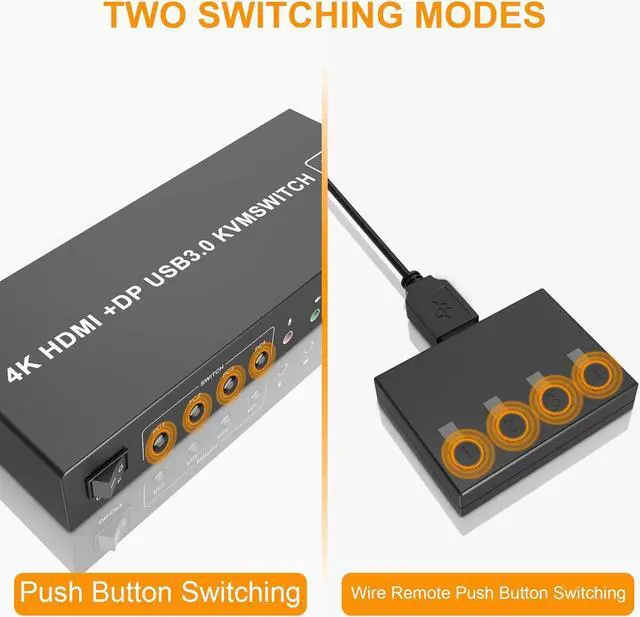 Alt view image 6 of 7 - USB 3.0 HDMI + Displayport KVM Switch 2 Monitors 4 Computers, 4K@60Hz Dual Monitor KVM Switch with Audio Microphone Output and 3 USB 3.0 Ports, 4 Port HDMI+DP Monitor Switch for 4 PCs 2 Monitors