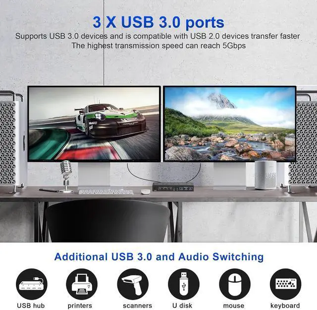 Alt view image 5 of 7 - USB 3.0 HDMI + Displayport KVM Switch 2 Monitors 4 Computers, 4K@60Hz Dual Monitor KVM Switch with Audio Microphone Output and 3 USB 3.0 Ports, 4 Port HDMI+DP Monitor Switch for 4 PCs 2 Monitors