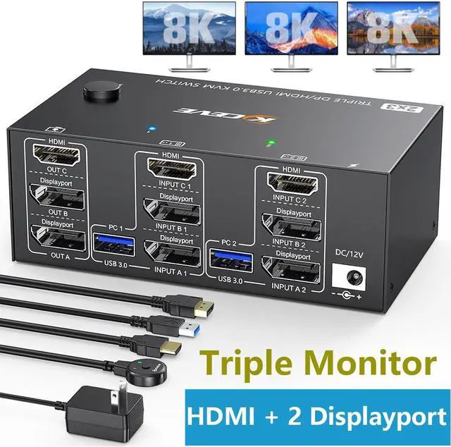 Main image of Triple Monitor 2 Displayport + HDMI KVM Switch 8K@60Hz 4K@144Hz, [HDMI + 2 Displayport] KVM Switch for 2 Computers Share 3 Monitors and 4 USB 3.0 Device, with Wired Remote and 5 Cables