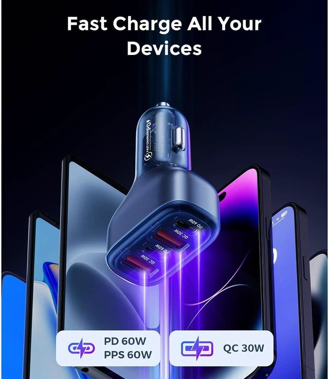 Alt view image 5 of 7 - 120W USB C Fast Car Charger, 4-Ports Car Charger Adapter, Dual Type C PD 60W/PPS 60W Compatible with iPhone14/13 Pro/Max/12/Galaxy S23, Dual USB-A 18W QC3.0 for Android Phones (Blue)