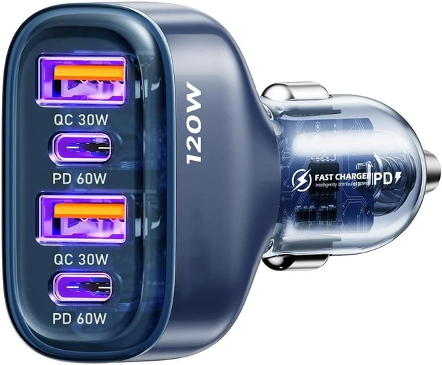 Main image of 120W USB C Fast Car Charger, 4-Ports Car Charger Adapter, Dual Type C PD 60W/PPS 60W Compatible with iPhone14/13 Pro/Max/12/Galaxy S23, Dual USB-A 18W QC3.0 for Android Phones (Blue)