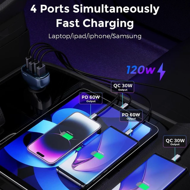 Alt view image 4 of 7 - 120W USB C Fast Car Charger, 4-Ports Car Charger Adapter, Dual Type C PD 60W/PPS 60W Compatible with iPhone14/13 Pro/Max/12/Galaxy S23, Dual USB-A 18W QC3.0 for Android Phones (Blue)