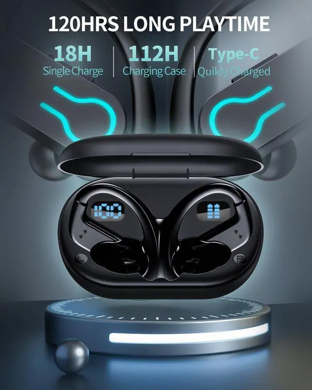 Alt view image 4 of 7 - Wireless Earbuds Bluetooth Headphones 120H Playtime Stereo Ear Buds Bluetooth 5.3 Dual Power Display Sports Headphones with Earhooks IPX7 Waterproof Earbuds with ENC Mic Over-Ear Earphones for Running