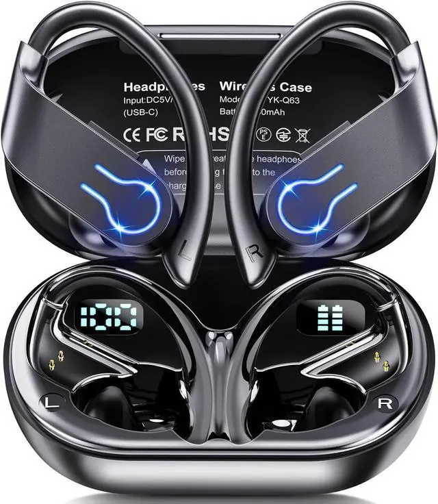 Main image of Wireless Earbuds Bluetooth Headphones 120H Playtime Stereo Ear Buds Bluetooth 5.3 Dual Power Display Sports Headphones with Earhooks IPX7 Waterproof Earbuds with ENC Mic Over-Ear Earphones for Running